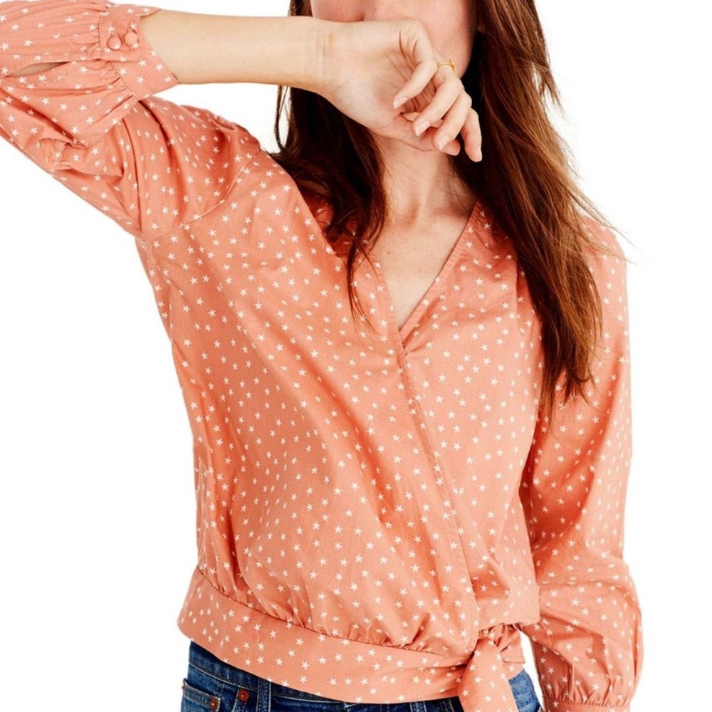 Madewell Peach Star Scatter Wrap Blouse Sz XS 3/4 Sleeve Feminine Scandi Boho